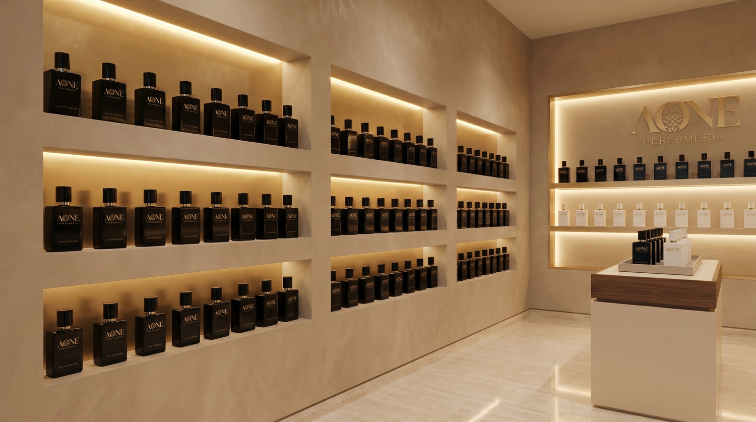 AONE Perfumeria boutique, Noir wall of black men's fragrance bottles