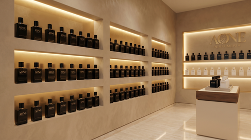 AONE Perfumeria boutique, Noir wall of black men's fragrance bottles