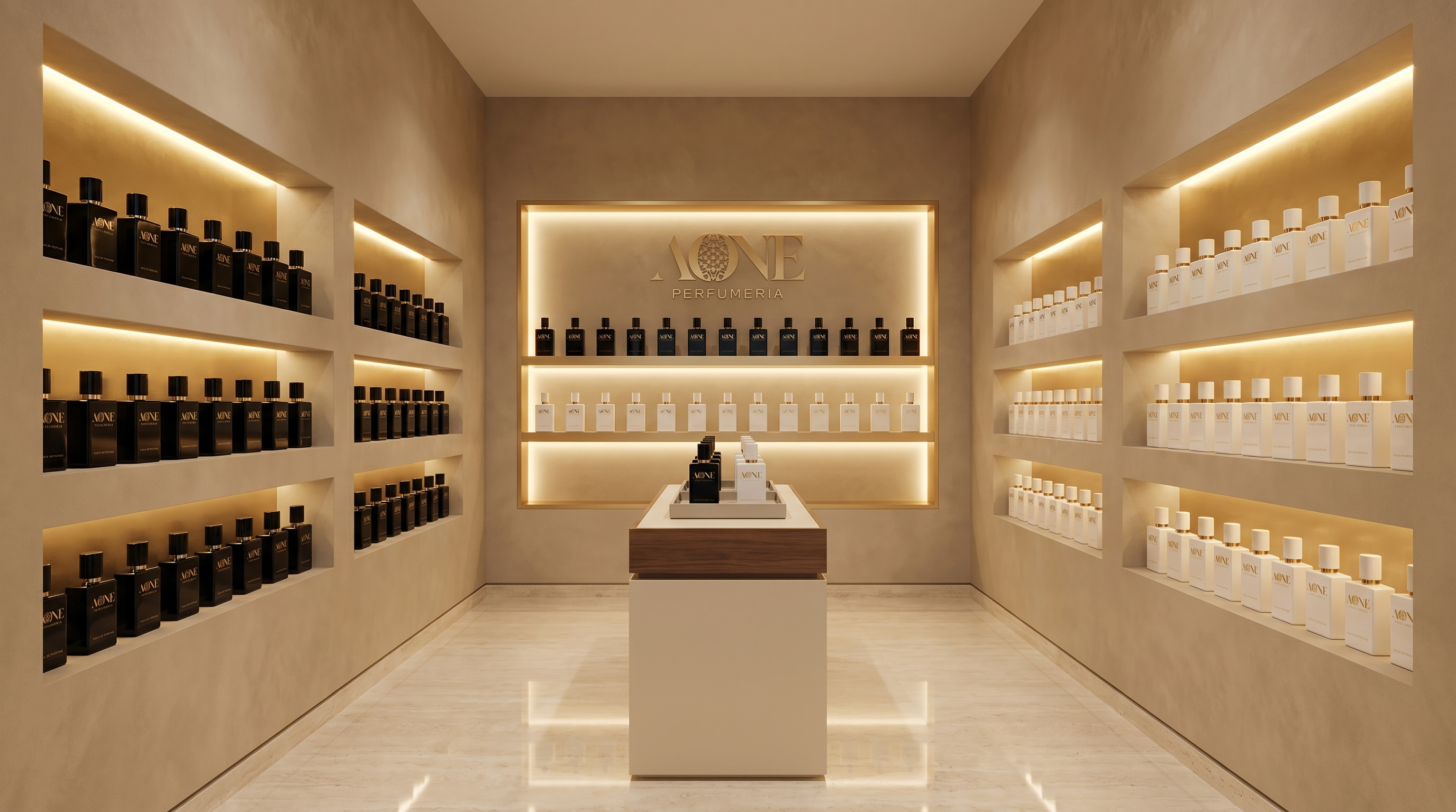 AONE Perfumeria boutique interior, wide establishing view